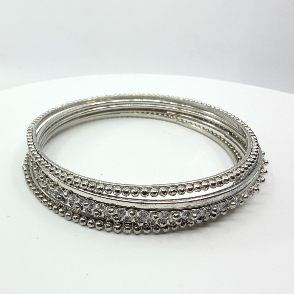 Vintage Silver Tone Rhinestone Beaded Bangle Bracelet Set - Classic Retro